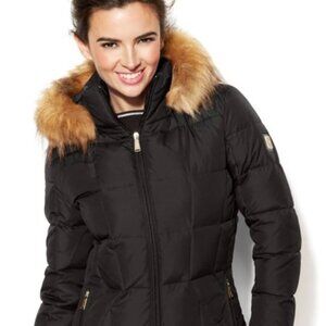 Calvin Klein Women's Black Down-Filled Puffer Jacket Faux-Fur Hood Trim Size M